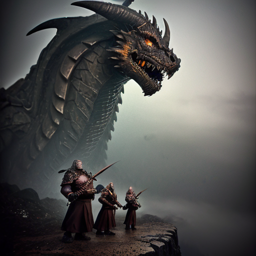  dark fantasy: a grim band of dwarves in battered iron armor, caked with mud and frost, strain at the winch of a colossal ballista crafted from blackened oak and corroded iron at the foot of a somber mountain fortress; a massive crossbow bolt with a jagged iron tip launches from the weapon's frame with a splintering crack, soaring upward through low-hanging grey clouds toward a colossal dragon with scales the color of weathered basalt and broken horns, hovering in the mist above a deep ravine; the dragon's leathery wings stretch wide, its eyes glowing with a dull crimson light in the gloom; around the dwarves—wet stone walls slick with moisture, fog clinging to battlements, raindrops dripping from thick beards; cold color palette: slate grey, charcoal black, deep moss green, muted burgundy; cinematic low-angle shot, stark chiaroscuro lighting, atmosphere of desperation and grim resolve, highly detailed textures of rusted metal and damp stone, no text on image