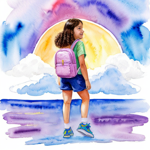 Little Dora purple backpack pink t-shirt orange short pants yellow socks white sneakers on a sitting big cloud in the sky from Dora the Explorer. migration