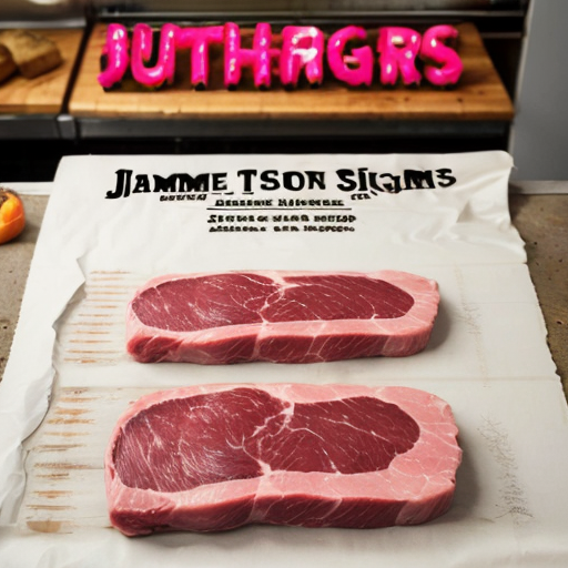 Make me a butcher sighn with a cow and butcher’s knife and clever with other meats make it say jamieson and sons 