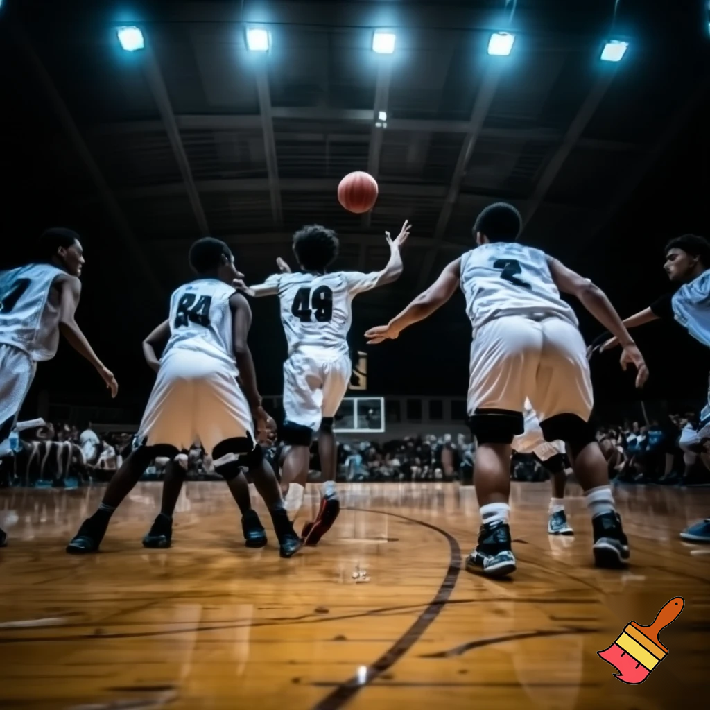 behind white teenage basketball players making a game winning three pointer