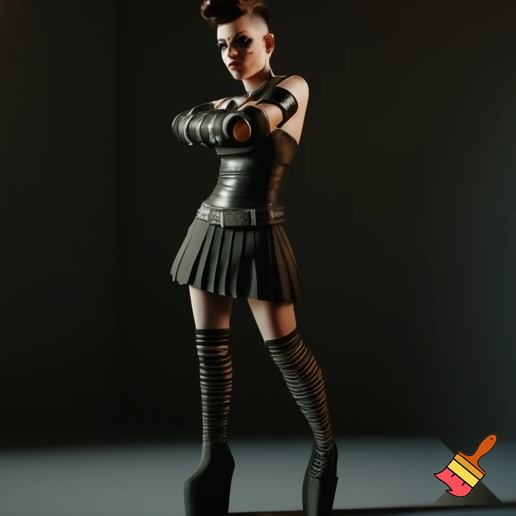 Woman with an undercut and bold makeup wearing a collar, buckle arm warmers, a corset, a body belt, a pleated skirt, vertical striped stockings and platform boots 