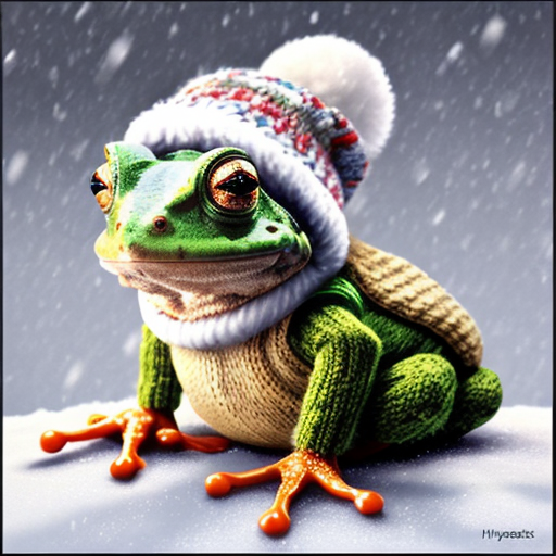 A laughable, puzzled animal toad in woolen, multicoloured winter clothings with woolen winter cap. Hyperrealistic art style.
