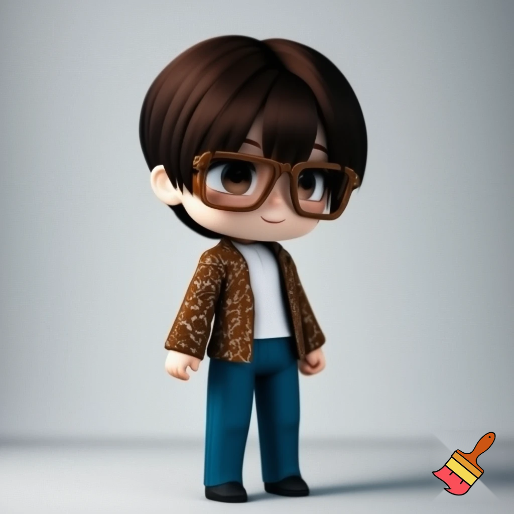 A Gacha brown boy with dark brown hair, brown glasses and a brown pattern jacket with a white shirt, blue pants and black shoes. 