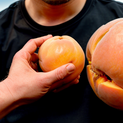 Elon touching a large peach on a hill and Messi there
