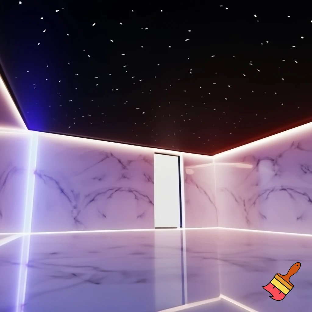 Chanel lamp, white marble floor, black ceiling with stars, white marble walls, neon lights surrounding the entire room,new plain white door with glass edge