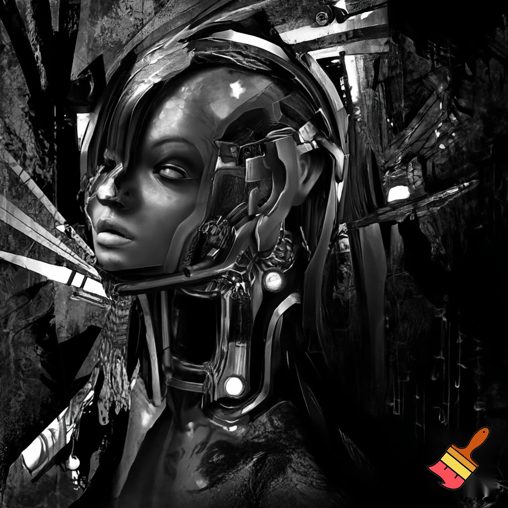 Bio-mechanical girl portrait, noise art. In the style of a 1920's German Expressionism. Black & white.