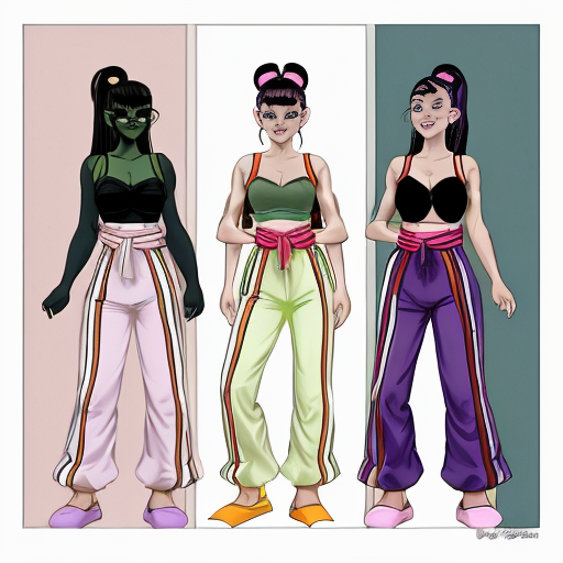 90's Disney style comic with dark blue background with six panel grids showing Panel 1 the black haired ponytail woman with ,dark purple skin ,purple and yellow spotted harem pants,and bra and purple sash and yellow vest and purple curved slippers. Panel 2 the black haired ponytail woman with white skin,black and white striped harem pants,black and white bra and black sash and black vest and white curved slippers. Panel 3 the black haired ponytail woman with blue skin, light and dark blue striped harem pants, light blue bra and dark blue sash and dark blue vest and light blue curved slippers . Panel 4 the black haired ponytail woman with green skin, light and dark green harem pants, light green bra and dark green sash and dark green vest and light green curved slippers. Panel 5 the black haired ponytail woman with dark pink skin, pink harem pants, pink bra and pink sash and pink vest and pink curved slippers. Panel 6 the black haired ponytail woman with orange and purple striped harem pants, purple bra and orange sash and orange vest and purple curved slippers and all are having their hand palms place together near their chest and swaying their hips