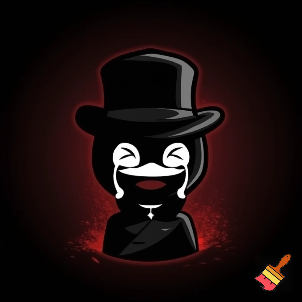horror mascot icon of a mysterious shadow-like gentleman.
A dark humanoid figure made of living shadows, emitting subtle glowing red particles.
He wears a short black top hat and an elegant dark coat.
His face is covered by a white theatrical mask showing both a laughing and crying expression at the same time, with fully white, painted eyes and white tears dripping down.
The character has a small chibi body with a large head, elegant posture, refined and classy appearance.
Dark horror illustration style with sharp, expressive lines, deep blacks and grays, high contrast lighting, and vivid red glowing particles.
Cute but unsettling, elegant yet sinister.
Minimal background, dark vignette, centered composition.
High detail, clean silhouette, perfect for a brand mascot icon.