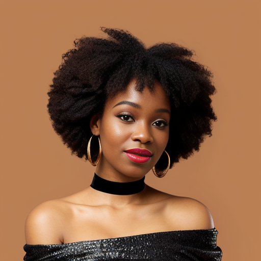Generate an art-portrait of a young African American woman, resembling Whitney Houston, with a spiral afro hairstyle. She wears a copper-orange satin off-the-shoulder top, red lipstick, and sapphire earrings. The image has a background with gold fragments that look like gold leaf.