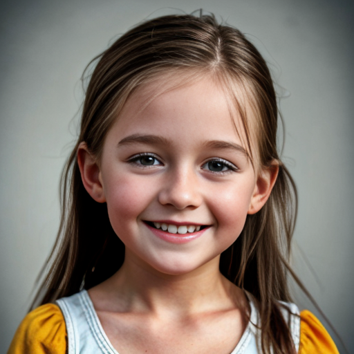 Swedish little girl, at age 5, brunette, straight hair, smiling