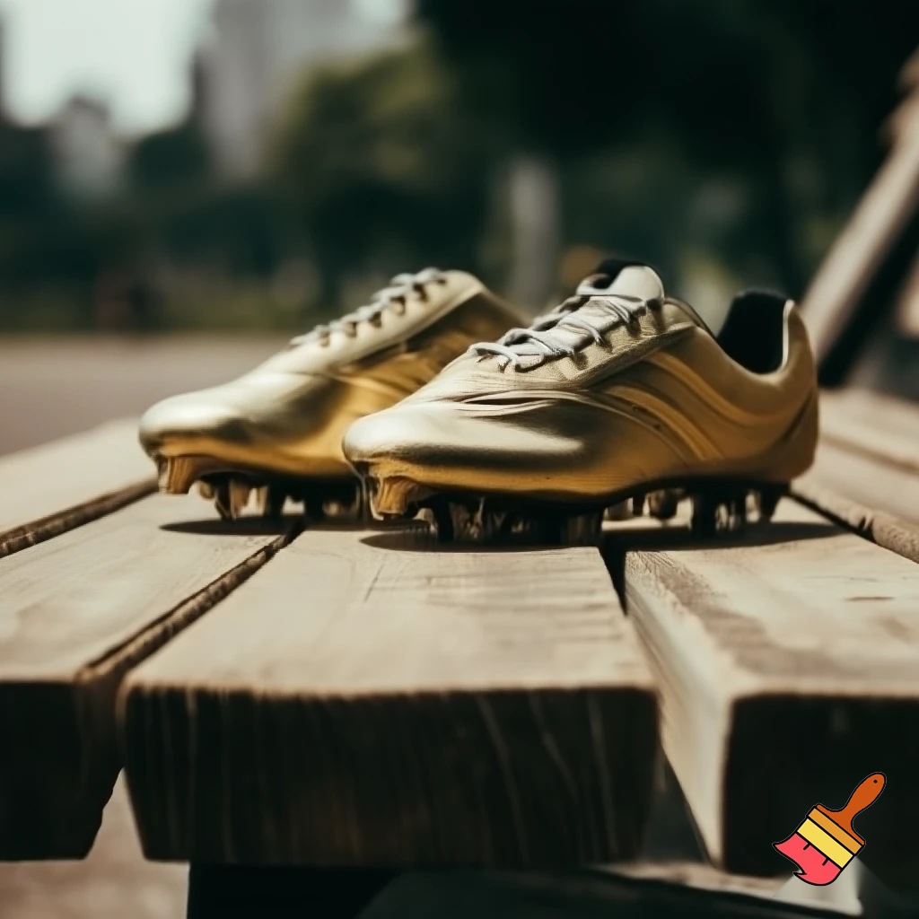 gold track shoes on a bench

