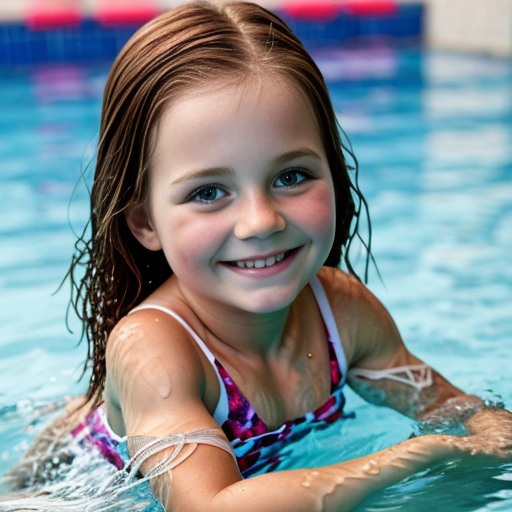 Swedish little girl, at age 5, auburn hair, straight hair, swim suit, smiling