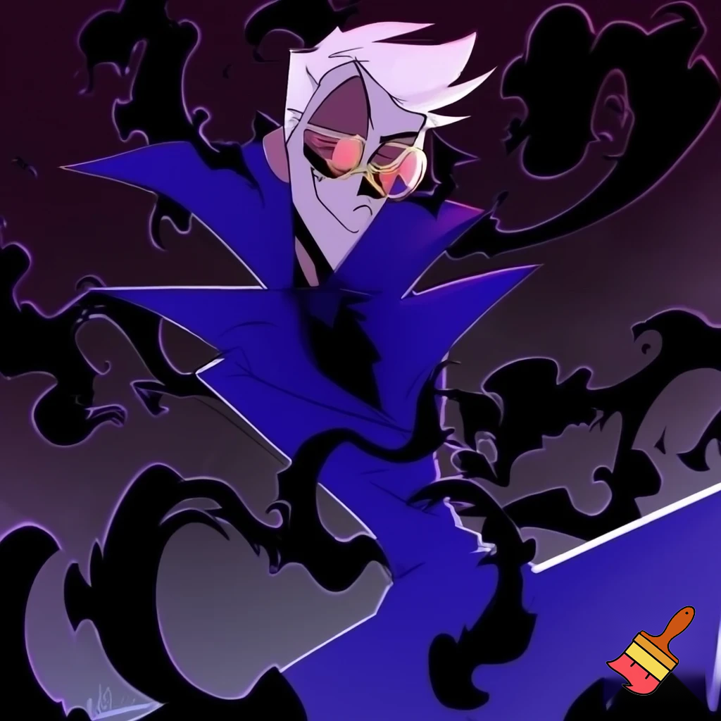 A tall, lean pale man with white hair, distinctive round brass glasses he has a stern look on his face. his face In cartoonish art style of hazbin hotel wearing his signature blue overcoat with black sinister smoke curling around him