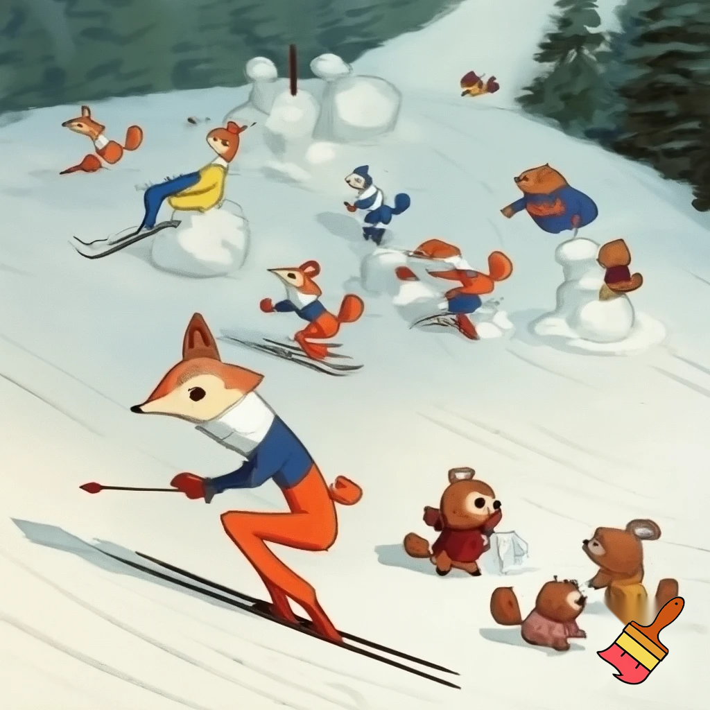 Drawing in old soviet cartoons style. Hares in ski suits are skiing on a snow-covered slope with dense forest on the edges. Next to them foxes in ski suits are skiing on a snow-covered slope with dense forest on the edges. Next to them bear cubs in winter clothes are making a snowman on a snow-covered slope with dense forest on the edges. Next to them squirells in winter clothes are playing with snowballs on a snow-covered slope with dense forest on the edges