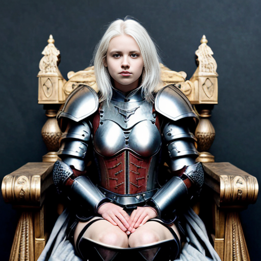 young tall white-haired woman in armor sits on a throne