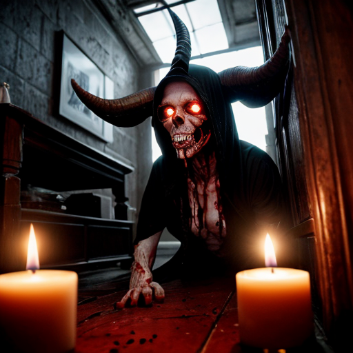 Photorealistic horror scene captured as a raw crime-scene photograph, ultra-detailed 8k cinematic still, dimly lit gothic Victorian hallway with peeling wallpaper and ornate wood paneling, thick eerie green-blue fog rolling across the blood-soaked Persian rug in the center, two young female corpses lying side-by-side on the floor, bodies tightly wrapped in stained bloody bandages and gauze soaked dark red with fresh and dried blood, exposed pale skin showing livor mortis and early decomposition, long dark matted hair splayed out, lifeless faces with eyes half-open and glassy, severe wounds and blood pooling around them, ritualistic arrangement, at the far end of the corridor stands a tall menacing demonic entity resembling Baphomet or Satan, 7-8 feet tall, wearing tattered black hooded cloak with frayed edges, large curved goat-like horns protruding from hood, glowing intense red demonic eyes piercing through shadows, snarling fanged mouth visible, clawed hands extended, cloven hooves partially visible under robe, surrounded by thick swirling mist and low-lying smoke, mounted animal skulls with long horns (goat/bull) on the walls, flickering candlelight from multiple black candles on small antique tables and floor, scattered human skulls and occult debris, arterial blood splatters on walls, heavy atmosphere of occult ritual and death, shot on Canon EOS R5 with 35mm f/1.4 lens, shallow depth of field, sharp focus on foreground bodies and demon face, realistic skin textures pores veins blood viscosity, practical lighting with harsh shadows and rim light, HDR, no stylization, pure hyperrealistic forensic horror photography, documentary style, --ar 3:2 --v 6 --stylize 150 (or lowest) --q 2