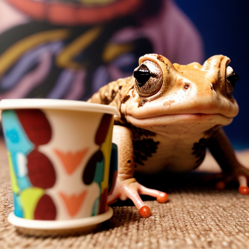 A hillarious, funny boho toad with some hippie colored coffee cups. Psychedelic decorated background, hyperrealistic. Close-up view.