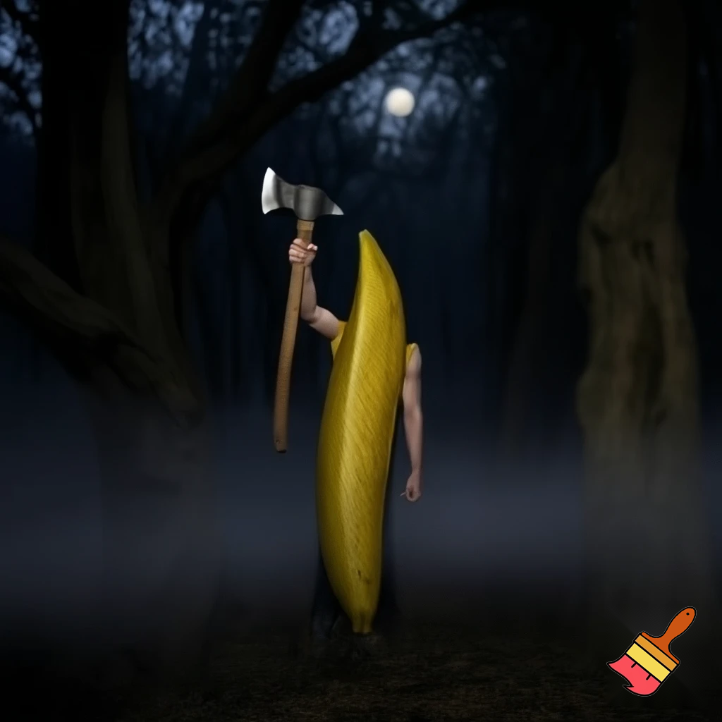 Banana man holding a axe in the woods it night