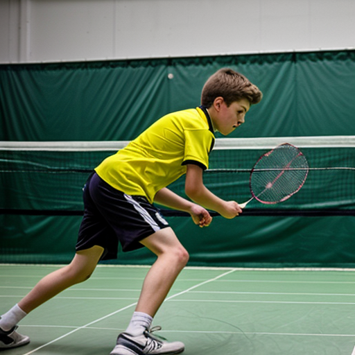 a side profile of a 14 year old boy hitting a badminton shuttlecock about 10 metres