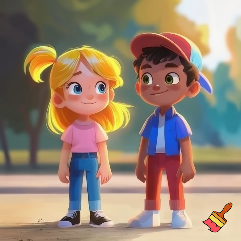 A girl with yellow hair, blue eyes, black shoes, blue jeans, pink shirt and the ponytail. and A boy with black hair, dark skin, green eyes, white shoes, red pants, blue shirt and a red cap.