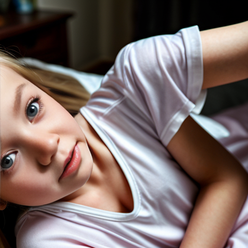russian little girl, blonde long hair, nightdress, bedroom background, close up view