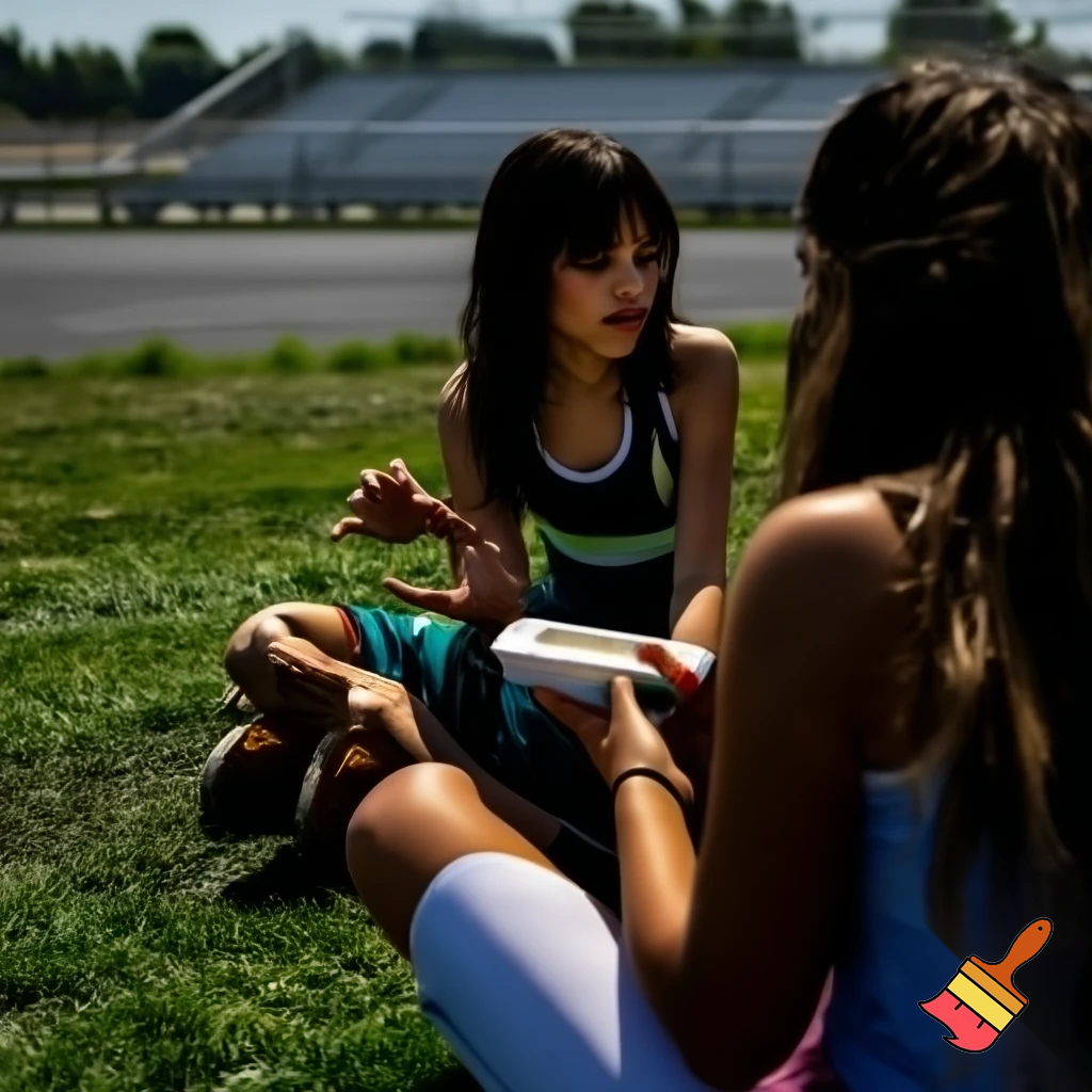 Jenna Ortega at a school sports day with friends eating lunch in the heat, next to a running track 