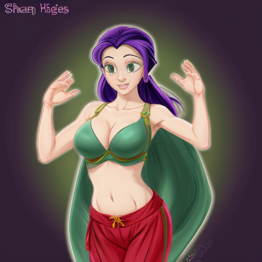 90's disney's 2d aladdin style comic dark black background and panels of 
panel 1 purple haired Ponytail shantae with red harem pants and red bra and red curved slippers with both hand palms place together and hiding the bottom of her mouth with a red veil wrapped around her arms and shoulders. 
panel 2 she danced with red harem pants with red bra and red curved slippers and red veil wrapped around her arms and shoulders and raising legs and bounced up and down her belly and shook her hips left and right. 
panel 3 as Shantae with red harem pants and red bra and curved red slippers spreading her arms, happily revealing her face to the viewer and giving a smile as she turns around shook her butt left and right. Panel 4 as purple haired Ponytail shantae with red harem pants and red bra and red curved slippers started to fading away , except her belly, which is bouncing around. 
Panel 5 then the ball transforms into the fading in belly of green haired Ponytail shantae with light green skin and green harem pants and green bra and green curved slippers and green veil wrapped around her arms and shoulders with her swaying her hips. 
Panel 6 green haired Ponytail shantae with light green skin and purple harem pants and green bra and green curved slippers and green veil wrapped around her arms and shoulders and with her hand palms place together between her chest and she gives a smile and winking her left eye.  