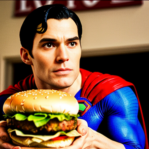 superman staring down a burger