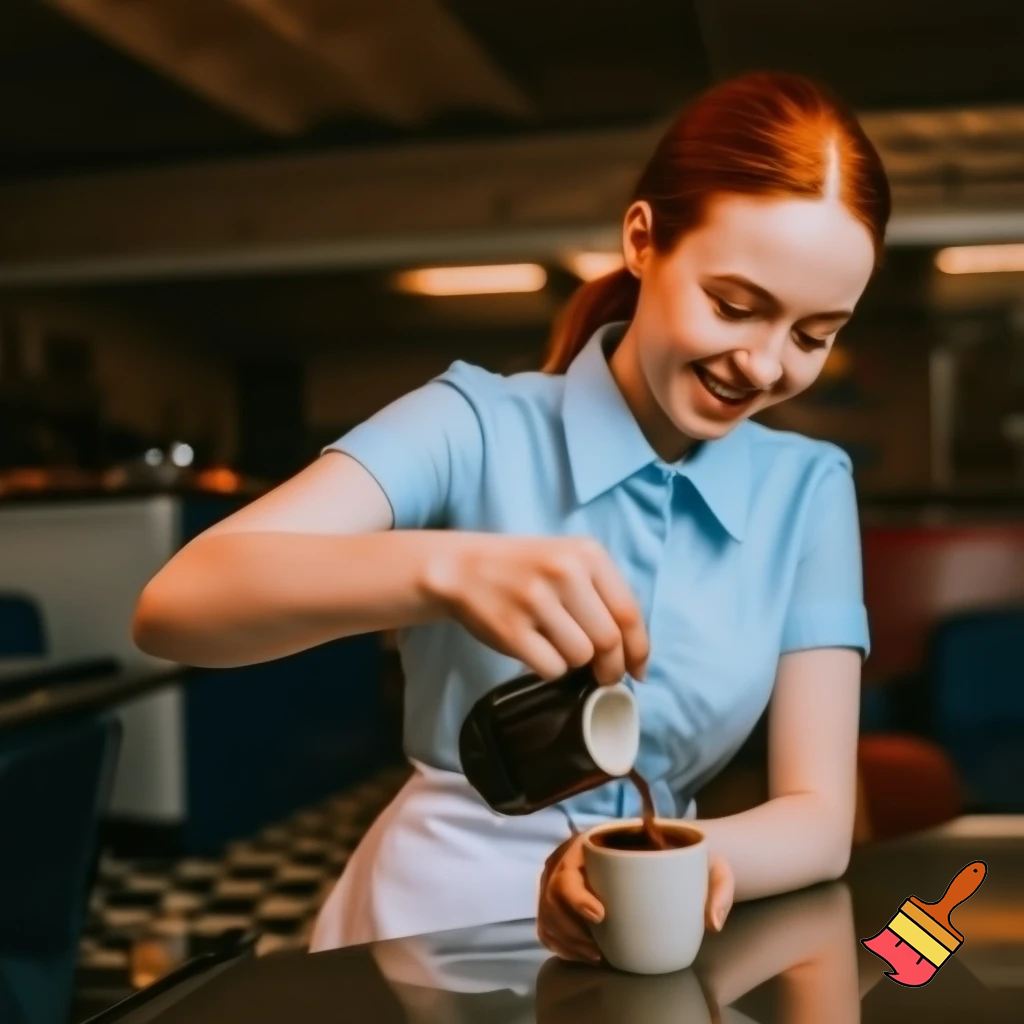 A small roadside diner. A beautiful waitress leans over to pour coffee into a customer's cup at a table. The waitress smiles. Photorealistic. 9x16