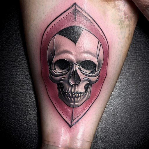 Line art tattoo style of a skull headed knife piercing both a pomegranate and the palm of a hand