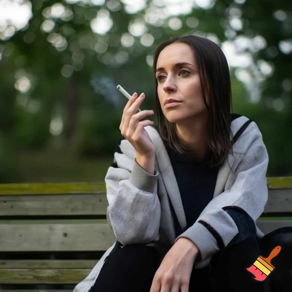 a 26 year british girl sitting on park bench smoking