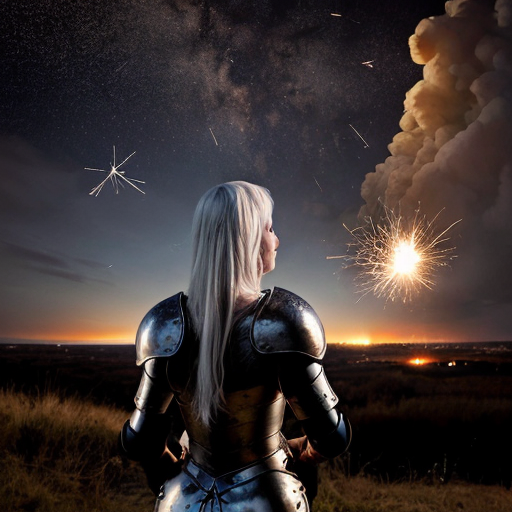 young white-haired woman in armor watches as meteorites fall on her castle