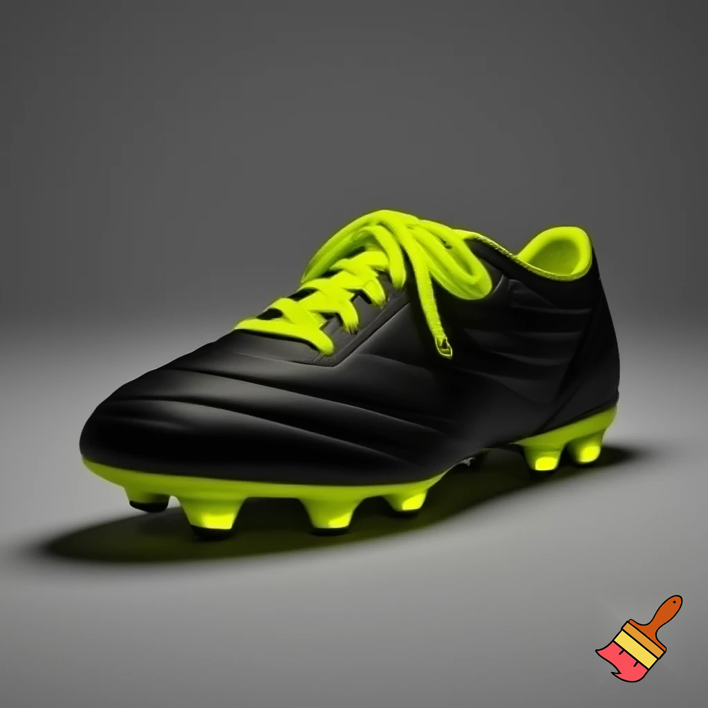 a plain black soccer boot with yellow studs with yellow shoelaces
