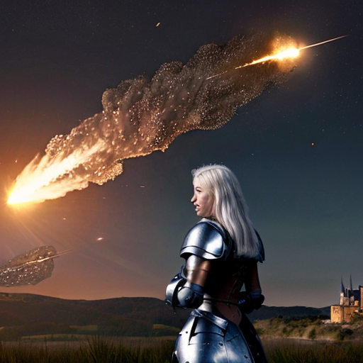 young white-haired woman in armor watches as meteorites fall on her castle