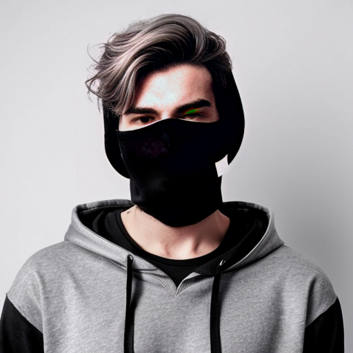 generate me a tall guy with a serious expression. The guy has white messy hair a gray hoodi e a black mask covering his mouth and inside the hoodie has a black shirt with long neck. He has the Hood lifted up and the h ands in the hoodi e' s pockets. The g uy i s 17

