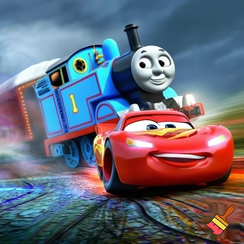 Thomas the tank engine racing with lightning McQueen
