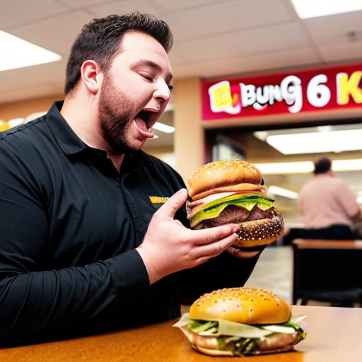 a big burger picking up a human in Burger King, licking his lips as he readies for his feast