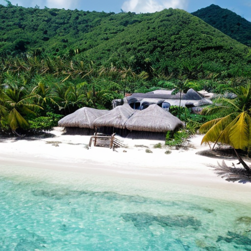 a tropical military base that was turned into a peacefully island village with lush trees and small huts with a large mountain on the far side of the island