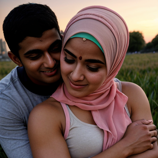 cute Muslim girl in a vibrant hijab and a handsome Hindu boy with tanned skin and a muscular build, both in a park during sunset. The girl rests her head on his chest, smiling happily, while he holds her protectively, conveying a sense of safety and intimacy. The background features soft colors and a warm atmosphere,she should be tall too but not taller than him,cute and romantic on bed not open fields,she shouldn't be chubby ,just slum and mid and must be cute and romantically digging into him for comfort,yeah amd expose her a little ,she doesn't need to be dress packed like a cake,put her in less modest