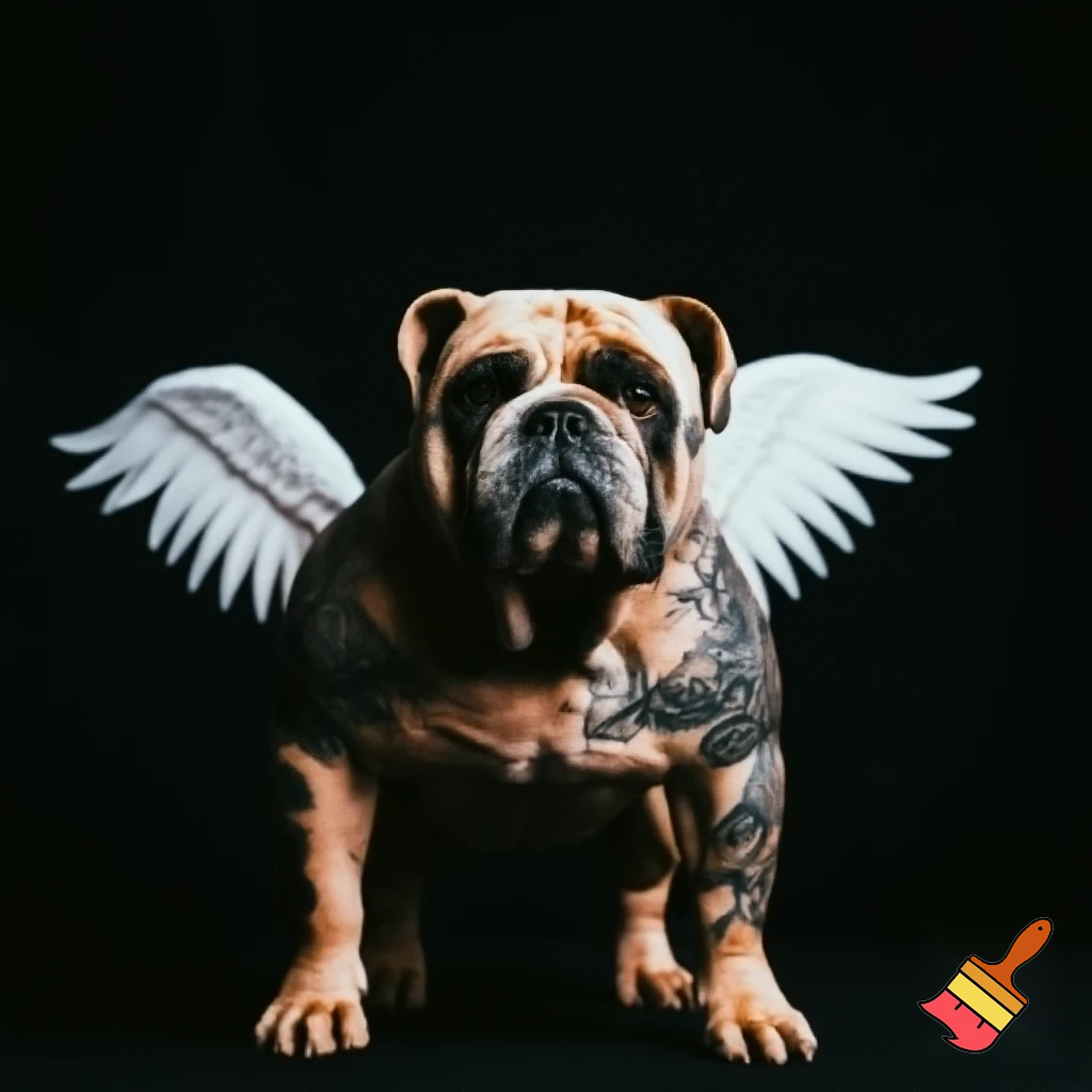 Gangster dog with tattoos and with angel wings