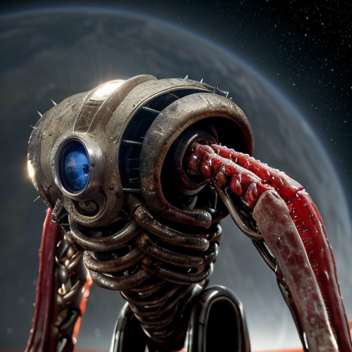 ​A highly detailed, photorealistic biomechanical alien spaceship floating in deep space. The ship is a grotesque, asymmetrical fusion of organic and mechanical parts. Its outer hull features weathered, pale greyish-green chitinous armor plating reminiscent of a giant insect shell, interspersed with exposed, glistening wet red muscles, veins, and gore. Intricate dark metallic cables, segmented robotic joints, and sharp metal spikes weave intricately through the raw flesh. The hull is studded with multiple large, glowing, translucent azure blue dome-like eyes. Near the upper right, a secondary cluster of smaller, glowing yellow and blue robotic eyes emerges from the bloody tissue. At the base is a circular, ribbed, toothy maw with dangling dark red, fleshy biomechanical tentacles and wires extending downward. The background is a breathtaking cosmic vista with vibrant purple and emerald green nebulas, stars, and floating rock debris. Cinematic lighting, hyper-detailed, 8k resolution, macro-photography details on the wet flesh and scratched metal, dark sci-fi, cosmic horror, HR Giger meets David Cronenberg, masterpiece