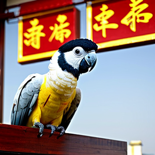 a cockatoo perching on a floating Chinese restaurant