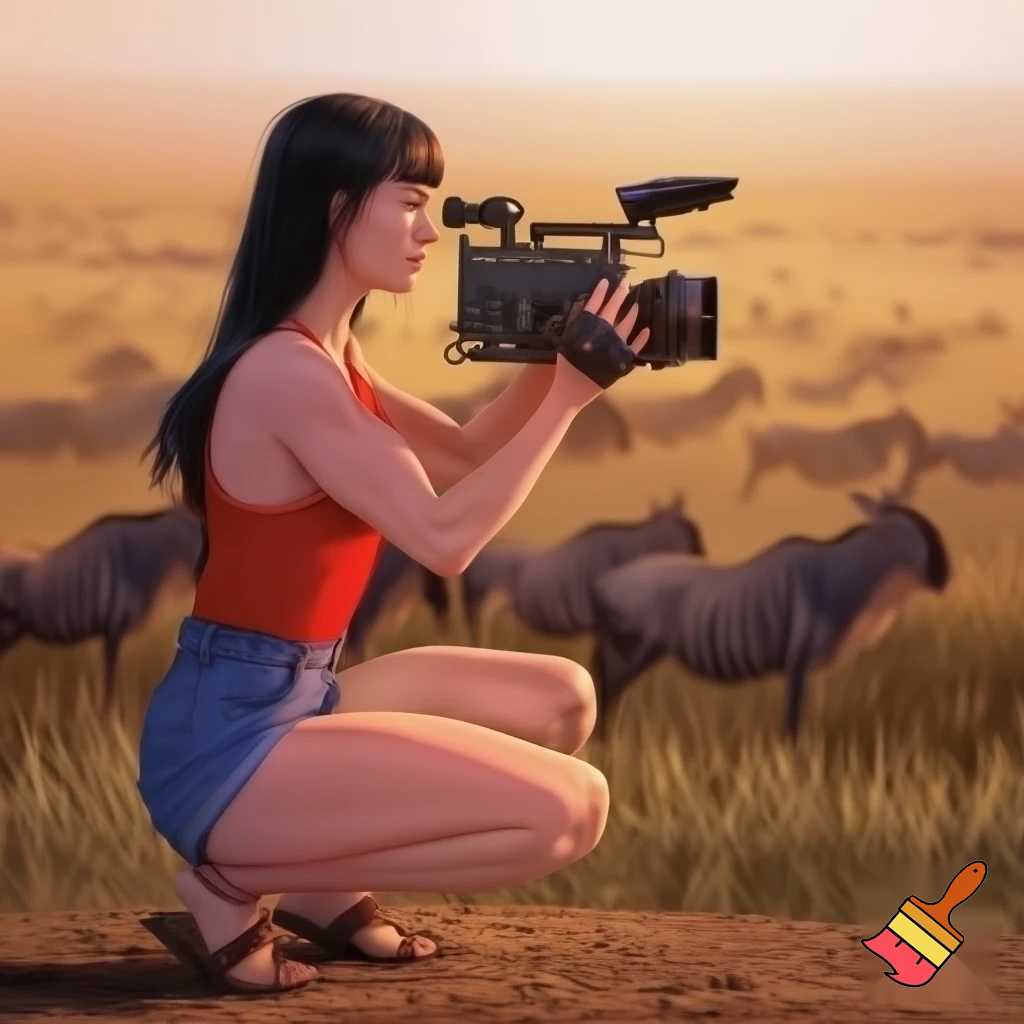 A cute and muscular black-long-and-side-swept-banged-haired fair white woman with arriflex digital camera and wearing red tank top and woman's blue short jeans and putting the sandals on her feet is filmming the plains of the Serengeti in Tanzania.