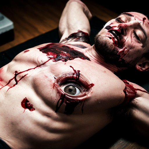 A corpse shirtless man, died, face are hiding by shirt with cut eye part (not eye human), eye closed, chest fully opened wounded circle on center, blood everywhere. Gibs and ribs (from chest bone) broken, organs piece by piece on outside.
