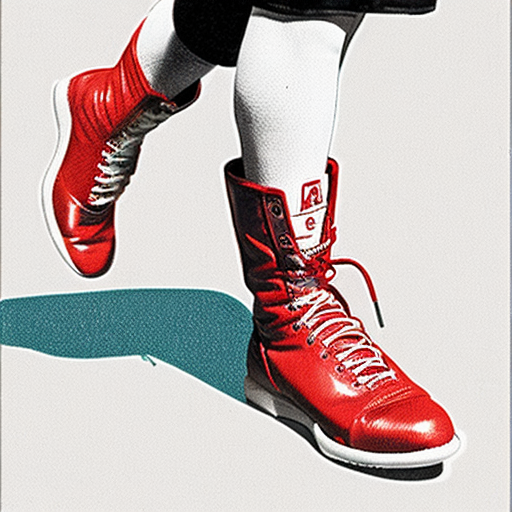 Editorial illustration in the style of official Unmatched board game card art, dynamic comic book style, rough pencil sketch texture, limited muted color palette with bold red accents only on the boxing boots, intense halftone shading -- A stylized low-angle shot focused entirely on the legs and feet of Muhammad Ali performing his iconic Ali Shuffle, one solid fully detailed pair of legs planted on the left wearing bright red boxing boots with white laces, knees slightly bent, feet dancing on the toes, and to the right a second semi-transparent ghostly afterimage pair of the same legs in faded red boots blurring and merging into the solid pair, multiple faint motion streaks connecting the two sets of legs showing the rapid back-and-forth shuffling movement, the ghost legs mid-step blurring rightward into the solid legs on the left, boxing ring canvas floor texture below with subtle scuff marks, white background above, cel-shaded ink drawing, graphic novel cover feel, impossible footwork speed frozen in time --ar 2:3 --stylize 250 --niji 6