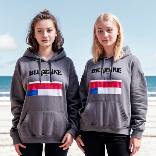 Create an image of two sisters standing next to each other. One of them, the old one, has brown hair and blue eyes. She is around 18 years old and her sisters head goes up to her neck. Her hair is long and silky. The younger sister has blonde hair and blue eyes. She is 13 years old. They are both wearing packing hoodies and baggy black jeans. The hoodies are dusky grey with your Australian flag on them however the jumpers have an old retro sort of vibe. They are at the beach. They have their Arms around each other they are both very beautiful 