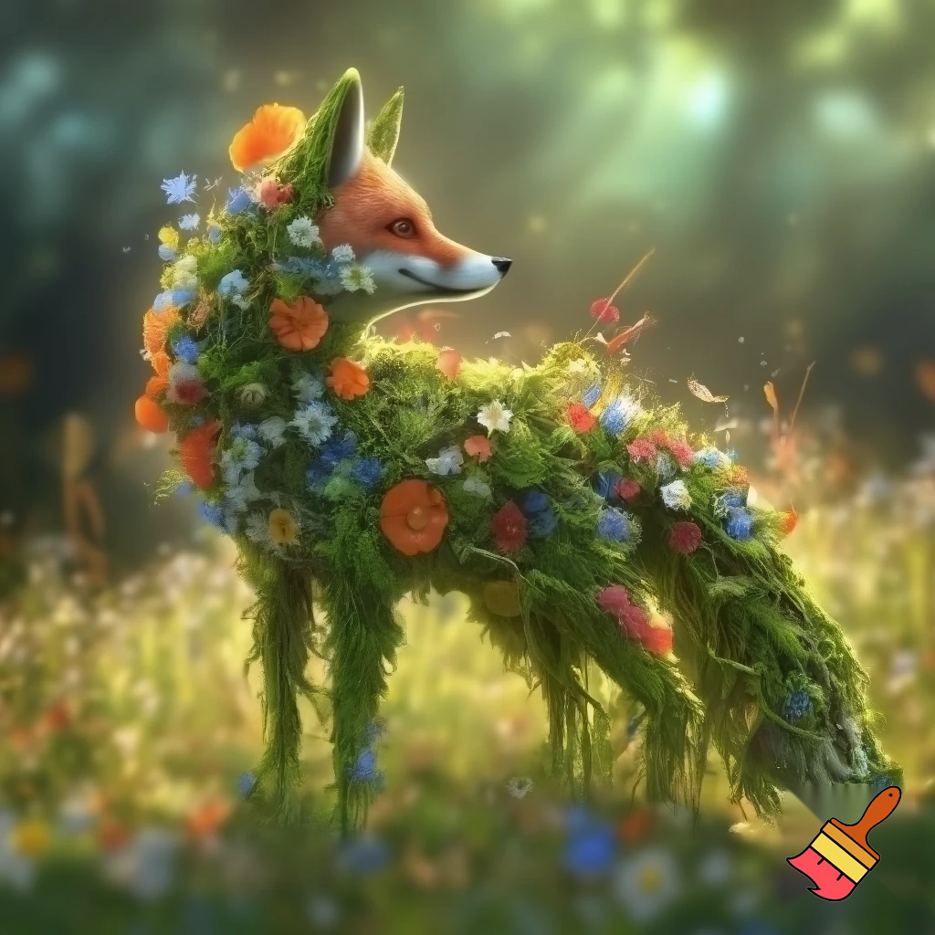 en ræv lavet af blomster og planter