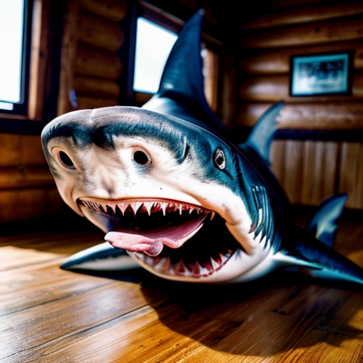 Make a shark with blue jordans in a big wood cabin called "The Tung tung Inn"