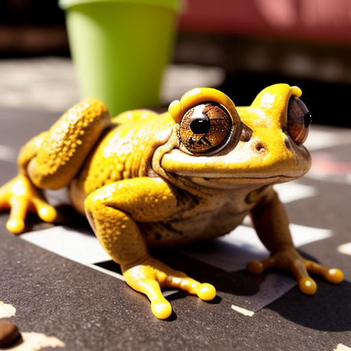 A hillarious, funny boho toad with some hippie colored coffee cups. Psychedelic decorated background, hyperrealistic. Close-up view.