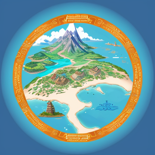 Cartographer style map of circular island that looks a bit like a dragon curled on its side with a mountain in the middle of the island that is it's spine.

